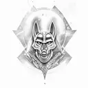 Anubis with skull, with light, gof of death, realistic tattoo design idea