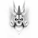 Anubis with skull, with light, gof of death, realistic tattoo design idea