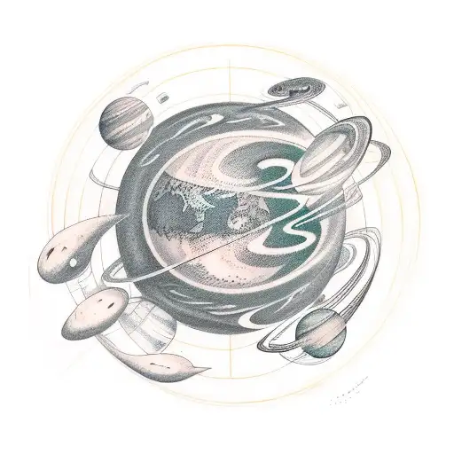 A new-school tattoo of the planet Uranus with musical instruments orbiting around it, representing the client's passion for music and space tattoo design idea