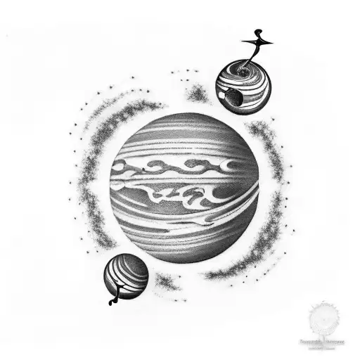 A new-school tattoo of the planet Uranus with musical instruments orbiting around it, representing the client's passion for music and space tattoo design idea