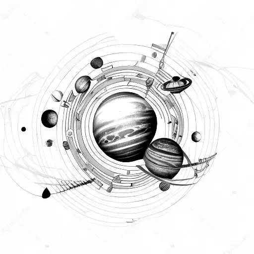 A new-school tattoo of the planet Uranus with musical instruments orbiting around it, representing the client's passion for music and space tattoo design idea