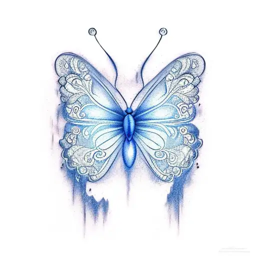 A realistic tattoo of a blue butterfly with intricate patterns within its wings, surrounded by a serene nature landscape tattoo design idea