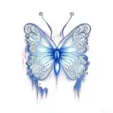 A realistic tattoo of a blue butterfly with intricate patterns within its wings, surrounded by a serene nature landscape tattoo design idea