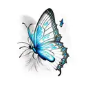 A realistic tattoo of a blue butterfly with intricate patterns within its wings, surrounded by a serene nature landscape tattoo design idea