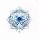 A realistic tattoo of a blue butterfly with intricate patterns within its wings, surrounded by a serene nature landscape tattoo design idea