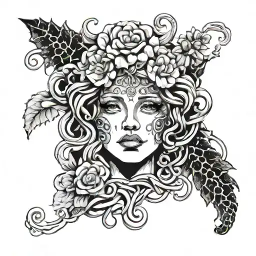 A blackwork tattoo of a Medusa head surrounded by candy and flowers, with a subtle nod to the client's love of gardening tattoo design idea