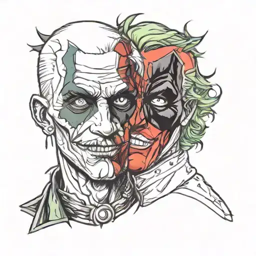 deadpool and the joker split face morphing tattoo design idea