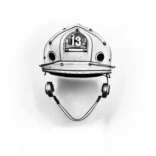 Realistic firefighter helmet with a vintage tractor in the background tattoo design idea
