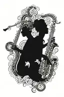 Tenor Saxophone with stave and treble clef. Zodiac sign twins with roman numerals 2001 and zodiac sign Sagittarius with  tattoo design idea