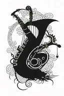 Tenor Saxophone with stave and treble clef. Zodiac sign twins with roman numerals 2001 and zodiac sign Sagittarius with  tattoo design idea