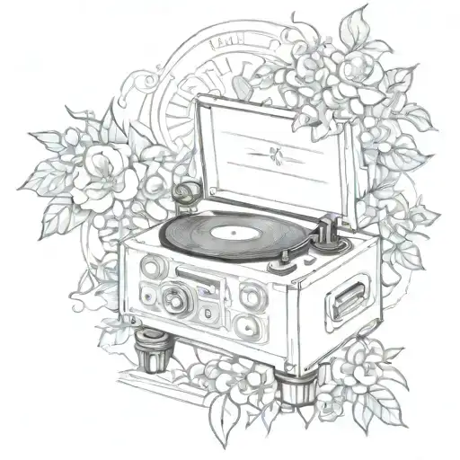 A sketch-style tattoo of a vintage record player surrounded by blooming flowers, incorporating Roman numerals for the client's birthdate, blending their love for music and nature tattoo design idea