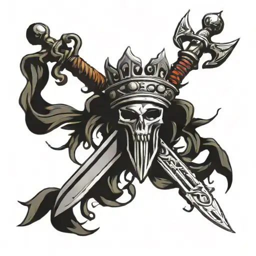 a roman sword and thorn crown hanging tattoo design idea
