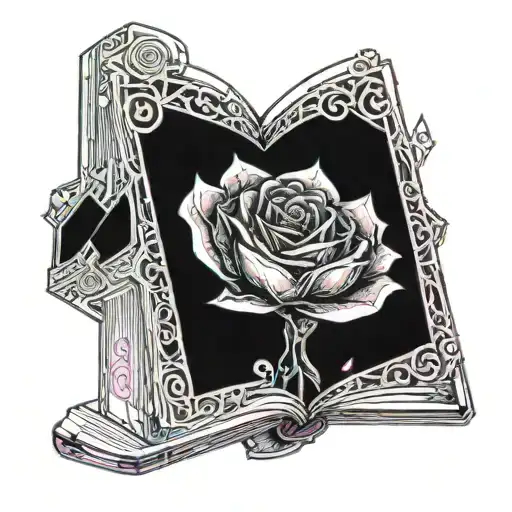 an open book with a crystal rose coming out of it tattoo design idea