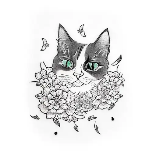 4x4 cat with flower tattoo design idea
