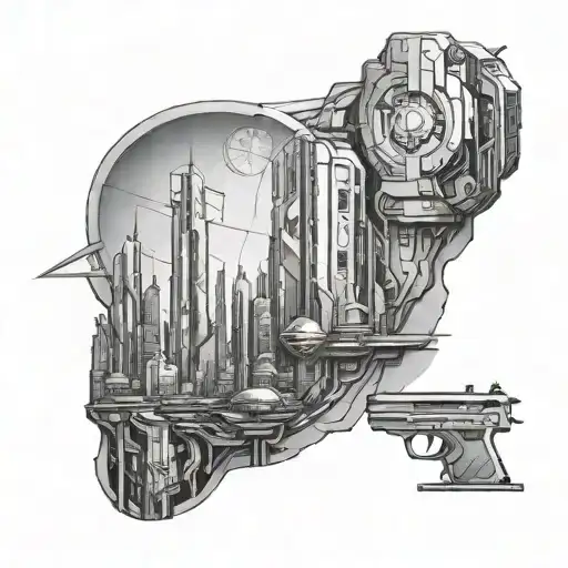 A futuristic cityscape inspired by Destiny Video Game forearm tattoo design idea