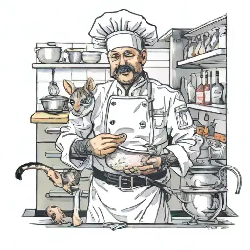 A realistic portrait of a chef with their favorite animal companion in a kitchen setting tattoo design idea