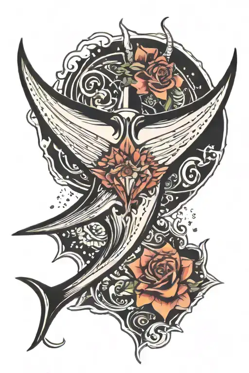 Manta ray with human silhouette holding bowie knife swimming behind it  tattoo design idea