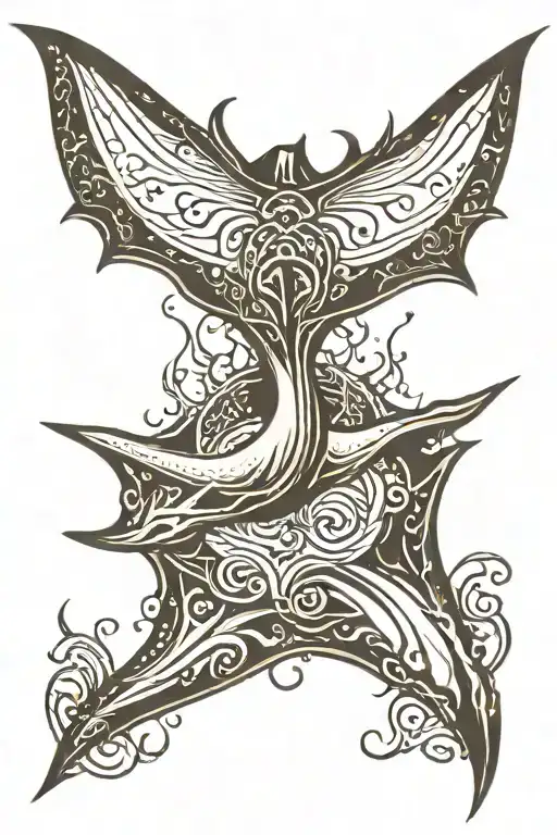 Manta ray with human silhouette holding bowie knife swimming behind it  tattoo design idea