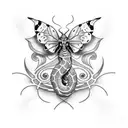 A dotwork tattoo featuring a snake and butterfly in a mesmerizing pattern tattoo design idea