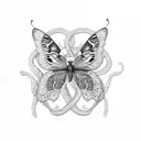 An intricate design combining butterflies and snakes in a black-grey style tattoo design idea