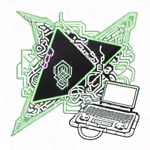 A cyberpunk-inspired tattoo design featuring a laptop and neon lights intertwined with musical notes and coding symbols tattoo design idea