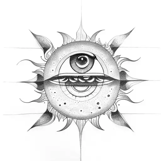 sun meets moon, evil eye centre. minimalist  tattoo design idea