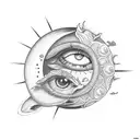 sun meets moon, evil eye centre. minimalist  tattoo design idea