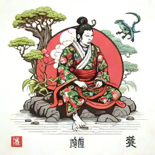 A samurai warrior meditating by a tranquil lake surrounded by chameleons tattoo design idea