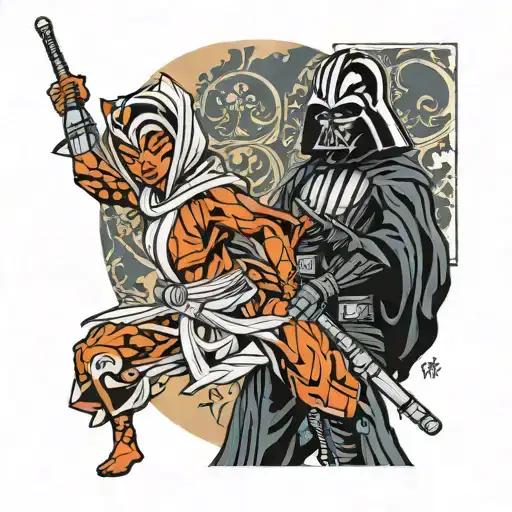 Ahsoka and Dath Vader battling as shonen  tattoo design idea
