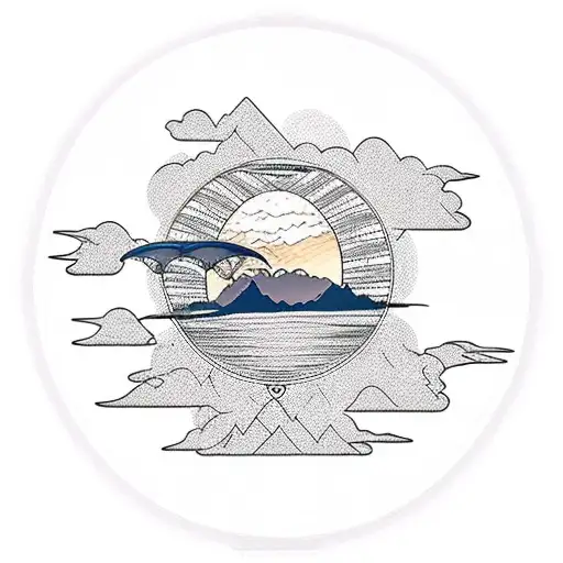 A paramotor silhouette against a stunning mountain sunset tattoo design idea