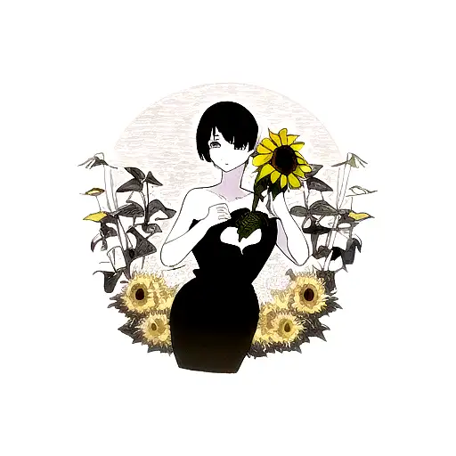 young woman with somewhat short hair taking a sunflower in her hands, she in black and white and the sunflower in color tattoo design idea