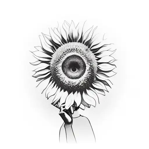 young woman with somewhat short hair taking a sunflower in her hands, she in black and white and the sunflower in color tattoo design idea