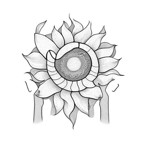 young woman with somewhat short hair taking a sunflower in her hands, she in black and white and the sunflower in color tattoo design idea