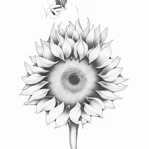 young woman with somewhat short hair taking a sunflower in her hands, she in black and white and the sunflower in color tattoo design idea