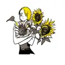 young woman with somewhat short hair taking a sunflower in her hands, she in black and white and the sunflower in color tattoo design idea