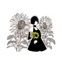 young woman with somewhat short hair taking a sunflower in her hands, she in black and white and the sunflower in color tattoo design idea