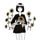 young woman with somewhat short hair taking a sunflower in her hands, she in black and white and the sunflower in color tattoo design idea
