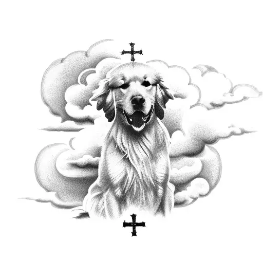 a golden retriever with clouds, a cross and 2014 in Roman numbers tattoo design idea