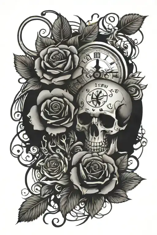 skulls roses cards and broken clock surrounded tattoo design idea