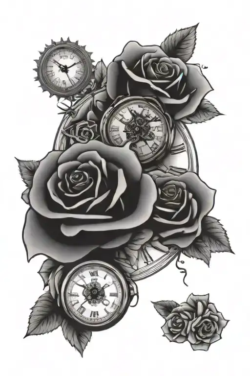 skulls roses cards and broken clock surrounded tattoo design idea