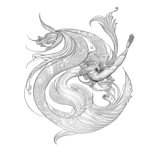 A fierce and elegant mermaid with delicate scales and flowing hair, representing her zodiac sign of Pisces. tattoo design idea