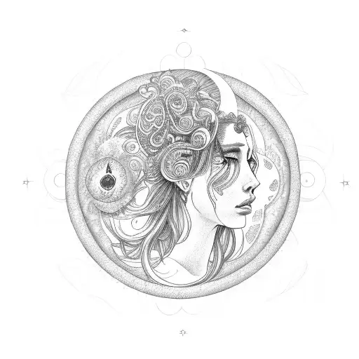 A mystical moon goddess with flowing hair and intricate moon phases, representing the magical nature of her zodiac sign. tattoo design idea