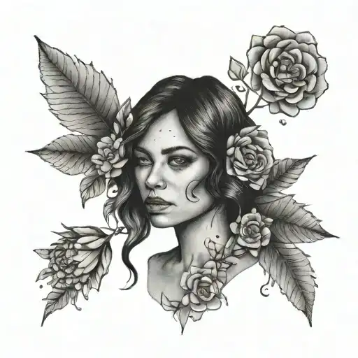 A minimalist portrait tattoo of Vicky with floral accents in dotwork style tattoo design idea