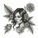 A minimalist portrait tattoo of Vicky with floral accents in dotwork style tattoo design idea