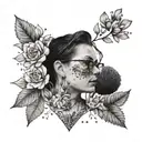 A minimalist portrait tattoo of Vicky with floral accents in dotwork style tattoo design idea