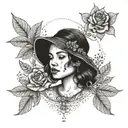 A minimalist portrait tattoo of Vicky with floral accents in dotwork style tattoo design idea