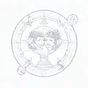 A minimalist sketch of the Gemini twins surrounded by symbols of their ruling planet Mercury tattoo design idea