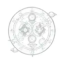 A minimalist sketch of the Gemini twins surrounded by symbols of their ruling planet Mercury tattoo design idea