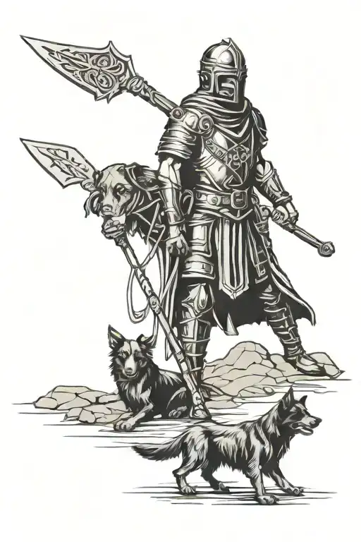 shadow of man with metal detector and in other hand a shovel, beside him a dog looking on warriors, celtic,roman, knight tattoo design idea