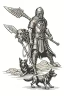 shadow of man with metal detector and in other hand a shovel, beside him a dog looking on warriors, celtic,roman, knight tattoo design idea